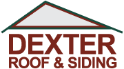 Dexter Roof & Siding logo with red and gray house roof icon and bold text