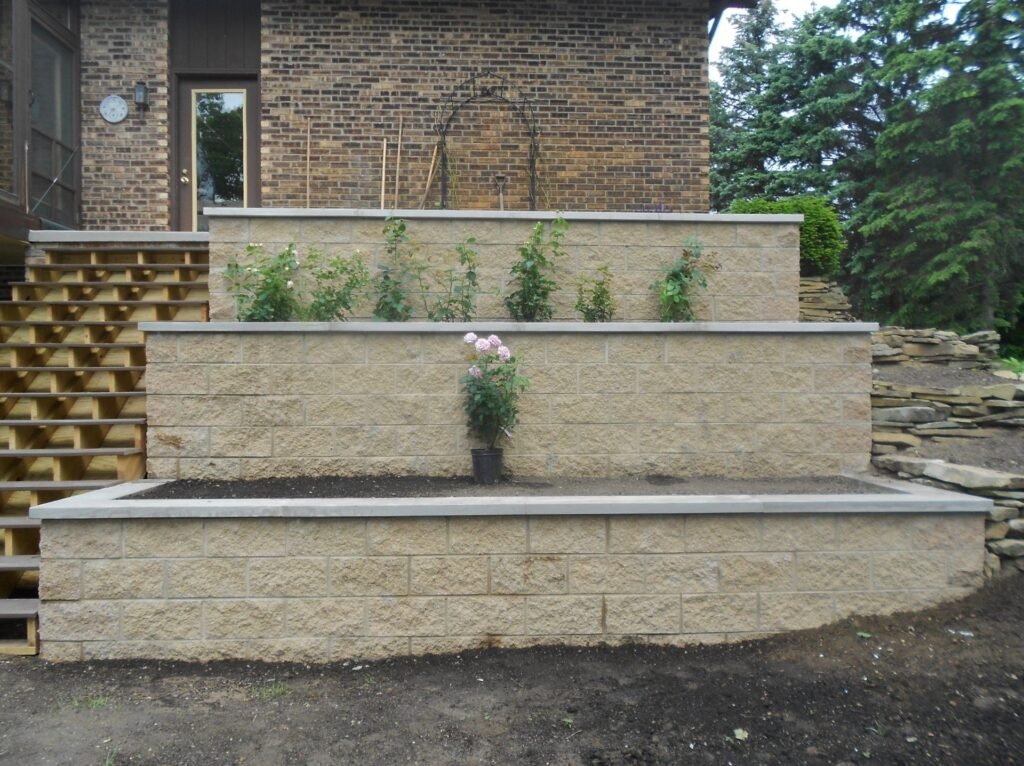 Two-tier retaining wall with garden terraces in Ann Arbor, MI