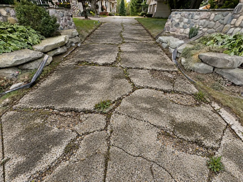 Before: cracked and broken exposed aggregate driveway in Ann Arbor, MI
