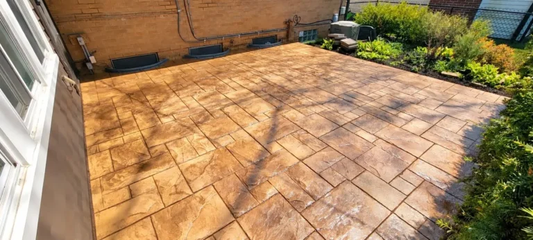 Colored stamped concrete patio along a brick wall in Burns Park, Ann Arbor MI