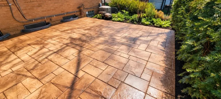 Sealed stamped concrete patio with stone texture in Burns Park, Ann Arbor MI