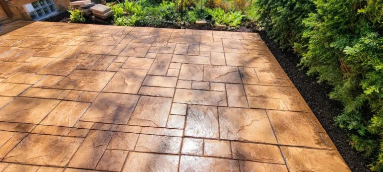 Close-up of stamped ashlar pattern concrete patio in Burns Park, Ann Arbor MI